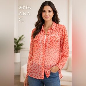 A.N.A Pink Animal Print Sheer Tunic Blouse XL